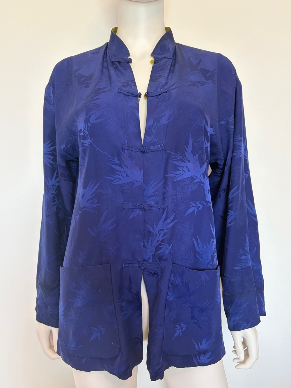 #672 Chico's Reversible Royal Blue/Sage Green  Floral Jacquard Mandarin Jacket